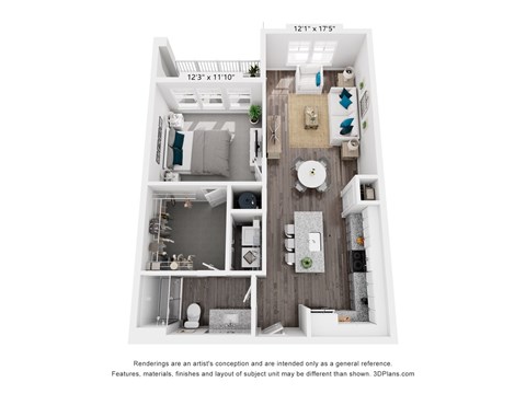 Floor plan for 1 bed, 1 bath, 731 sqft